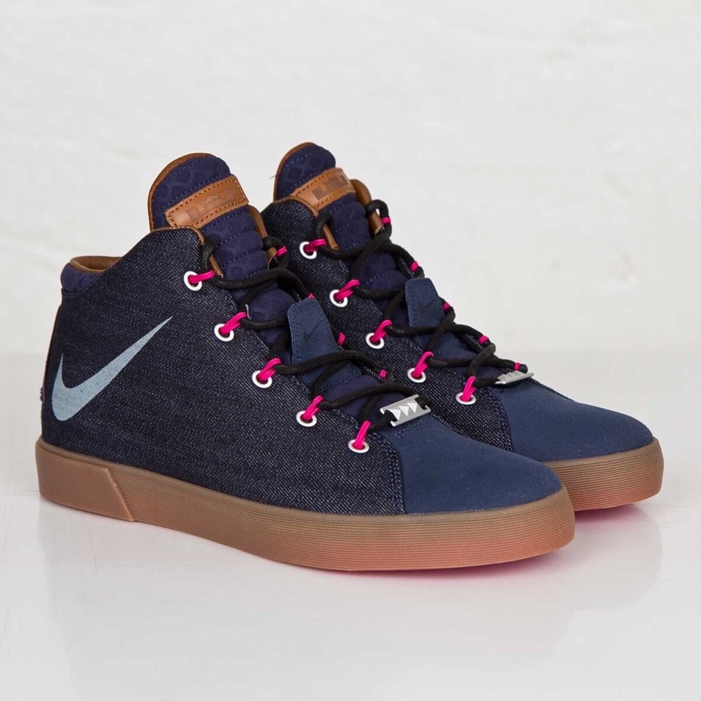 Nike Navy Denim High-Top Sneakers with Gum Sole and Pink Accents